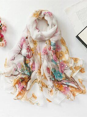 Ivory Blossom Fashion Scarf Women's Chiffon Printed Soft Fashion Wrap 63 x 19 in